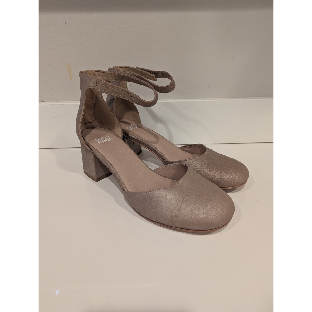 Eileen Fisher Womens Indi Gold Metallic Ankle Strap Heels Size 7.5 Shoes Round